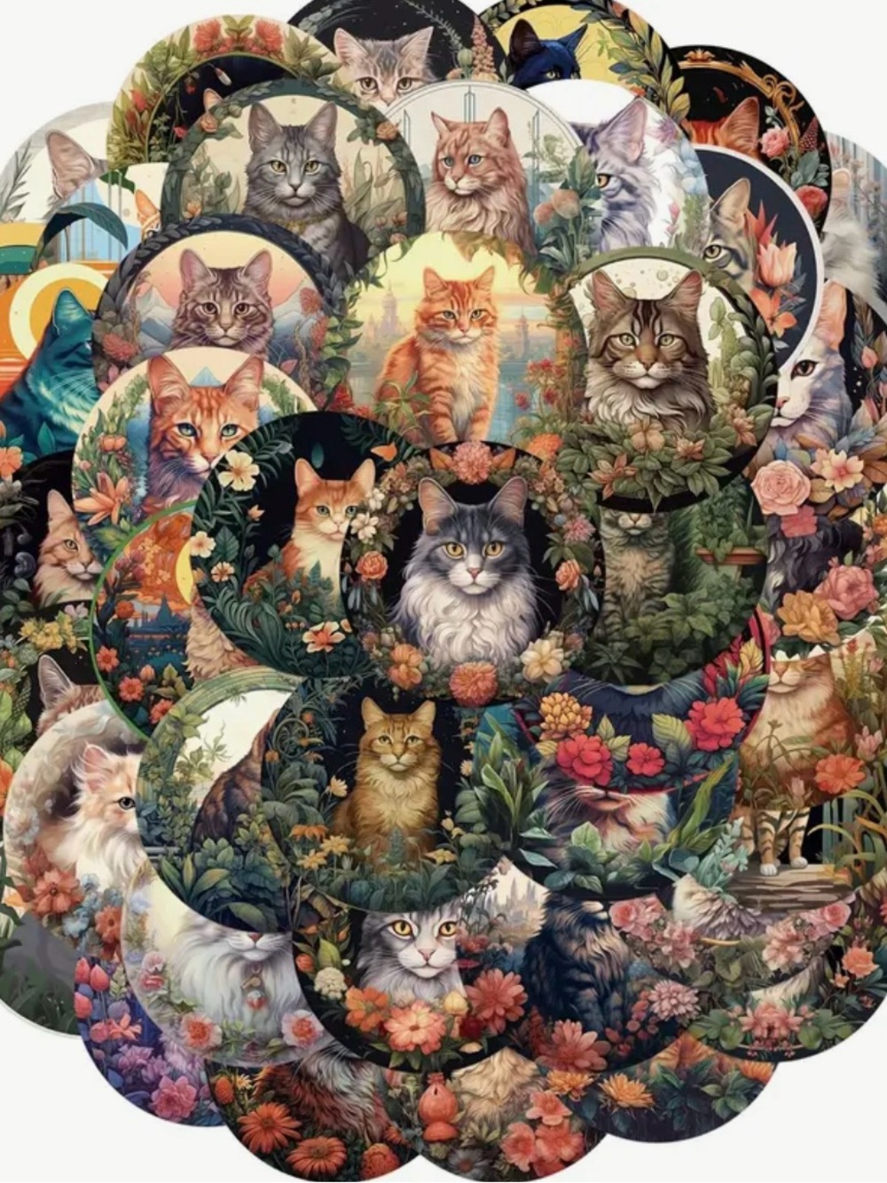 50 Kitty Cats in Garden Round Stickers Botanical Kitties Beautiful Flowers